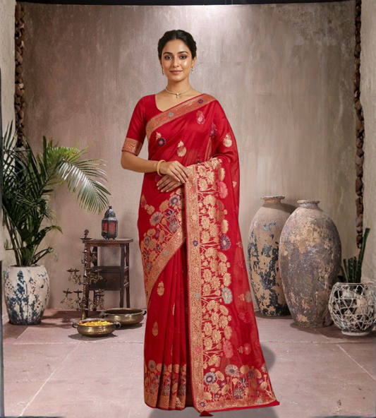 Odhnee Women's Elegant Teal Silk Saree with Rich Zari Woven Floral & Paisley Border