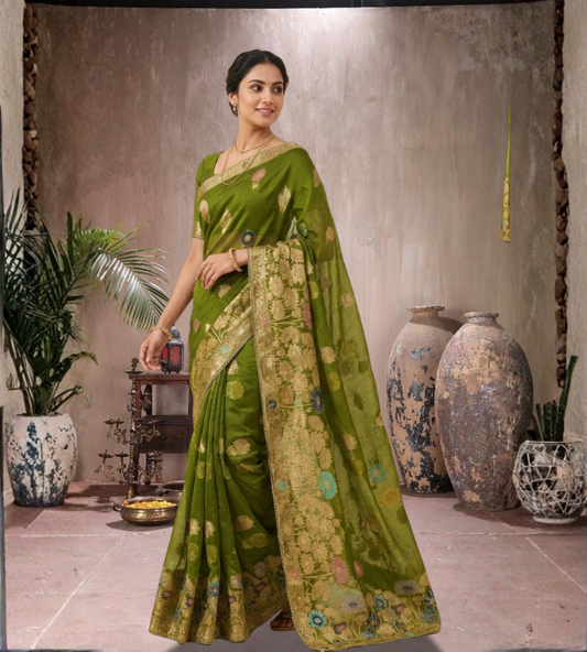 Odhnee Women's Elegant Teal Silk Saree with Rich Zari Woven Floral & Paisley Border