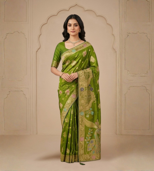 Odhnee Women's Silk Nylon Gold Coin Weaving Saree with Rich Zari Design, Elegant Designer Saree